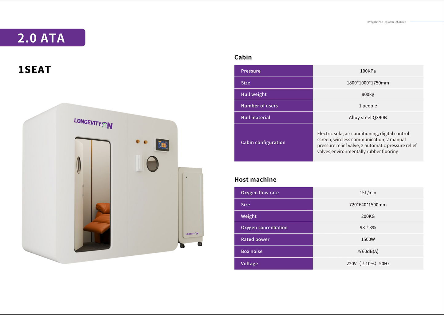 A1 One-Seater Professional Hard Hyperbaric Chamber 2ATA